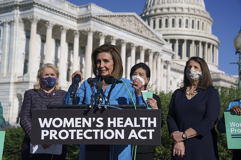 House Speaker Nancy Pelosi, D-Calif., joined from left by Rep. Sylvia Garcia, D-Texas, Rep. Judy Chu, D-Calif., and Rep. Diana DeGette, D-Colo., holds a news conference just before a House vote on legislation aimed at guaranteeing a woman&#x2019;s right to an abortion, an effort by House Democrats to circumvent a new Texas law that has placed that access under threat, at the Capitol in Washington, Friday, Sept. 24, 2021. (AP Photo/J. Scott Applewhite)