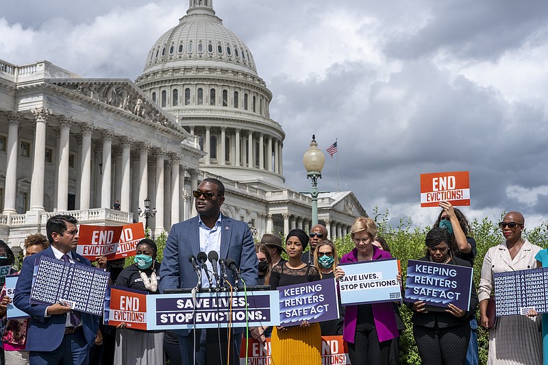 Rep. Mondaire Jones, D-N.Y., joins progressive lawmakers to advocate for reimposing a nationwide eviction moratorium that lapsed last month, at the Capitol in Washington, Tuesday, Sept. 21, 2021. (AP Photo/J. Scott Applewhite)