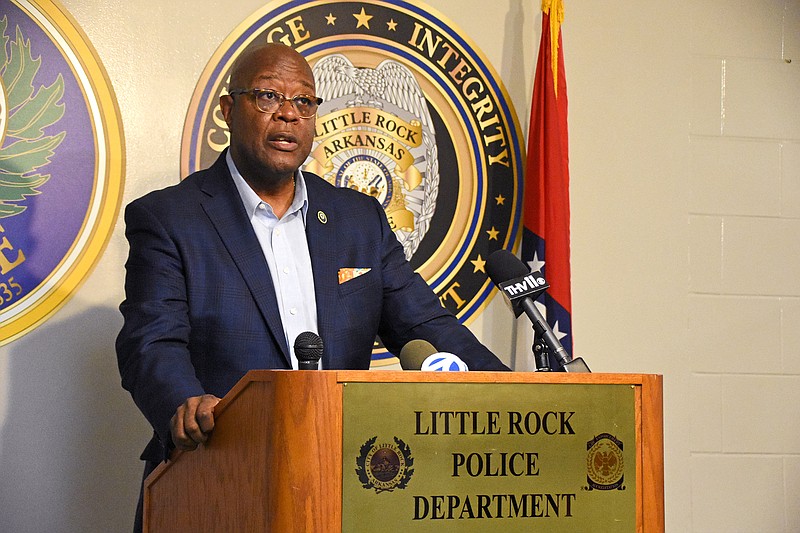 Little Rock Police Chief Keith Humphrey speaks during a press conference Saturday, May 8, 2021, regarding the officer involved shooting early Saturday that left one person critically injured. (Arkansas Democrat-Gazette/Staci Vandagriff)