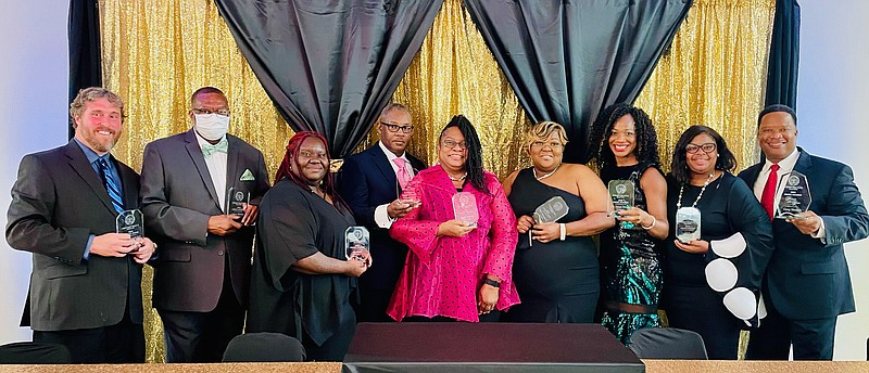 Pictured are honorees at the 2021 NAACP Image Awards. From left to right are Caleb Baumgardner, recognized in Diversity; Vince Dawson, recognized in Education; Kaylee Lark, who accepted the award for Barbara Lark, recognized in Business; the Rev. Felton Burgie of Morning Star Baptist Church #2, reconized for Community Service; Vernita Morgan, recognized in Education; Twana Scott, recognized in Business; Dr. Ezinne Nwude, recognized in Health care; Stephanie Owens, founder of Y.A.S., recognized in Entertainment; and Greg Modica, the night's Overall Honoree.  Not pictured is DeQuita Miller-Daniels, who was recognized in Civil Service. (Contributed)