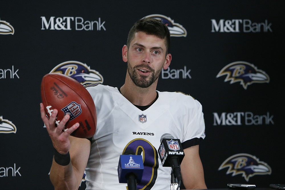 Baltimore Ravens kicker Justin Tucker (9) reacts after kicking a field goal  against the Tenness …