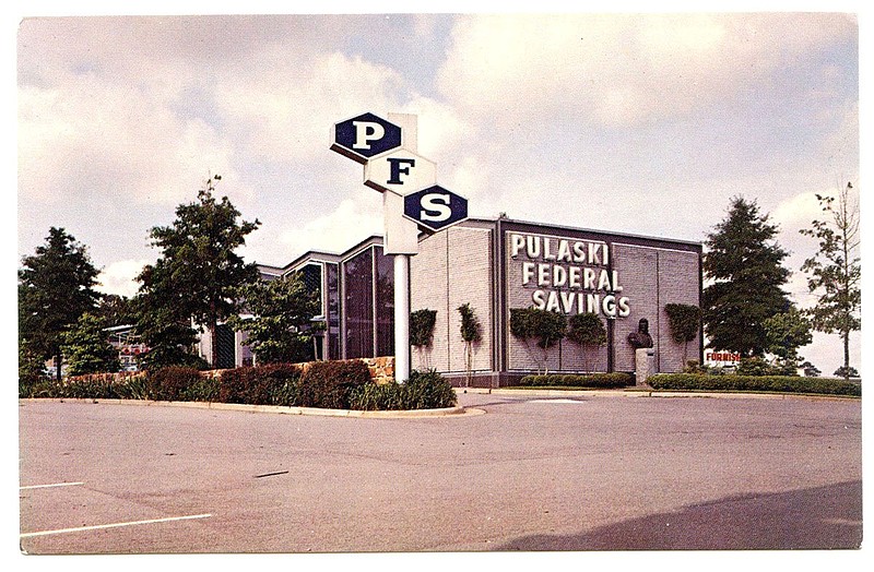 Little Rock, circa 1976: The Midcentury-Modern design branch of Pulaski Federal Savings stood in the northeast corner of Asher and University avenues, one of four advertised locations for the institution.