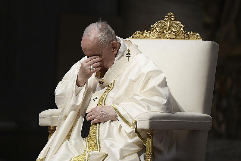 Pope Francis celebrates Mass within the Plenary Council of the European Bishops' Conferences, in St. Peter's Basilica at the Vatican, Thursday,  Sept. 23, 2021. (Filippo Monteforte/Pool photo via AP)