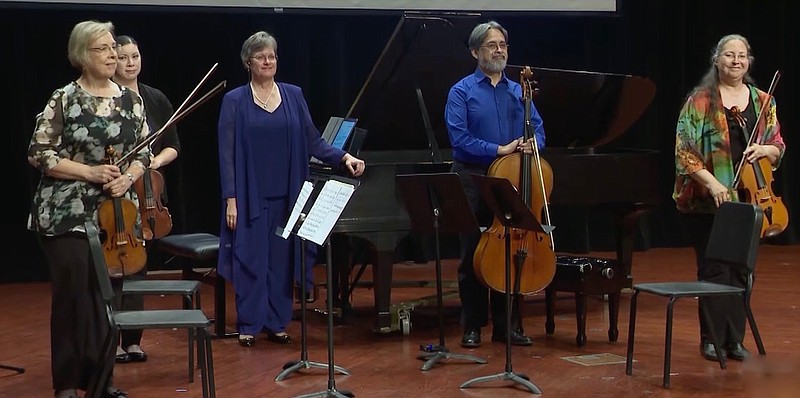 Pianist Linda Holzer (center) joins Arkansas Symphony musicians (from left) Sandy McDonald and Leanne Day-Simpson, violins; Katherine Reynolds, viola; and Rafael Leon, cello, for the Arkansas premiere of Price’s “Piano Quintet No. 2” in a minor, Tuesday at the Clinton Presidential Center in Little Rock. (Special to the Democrat-Gazette)