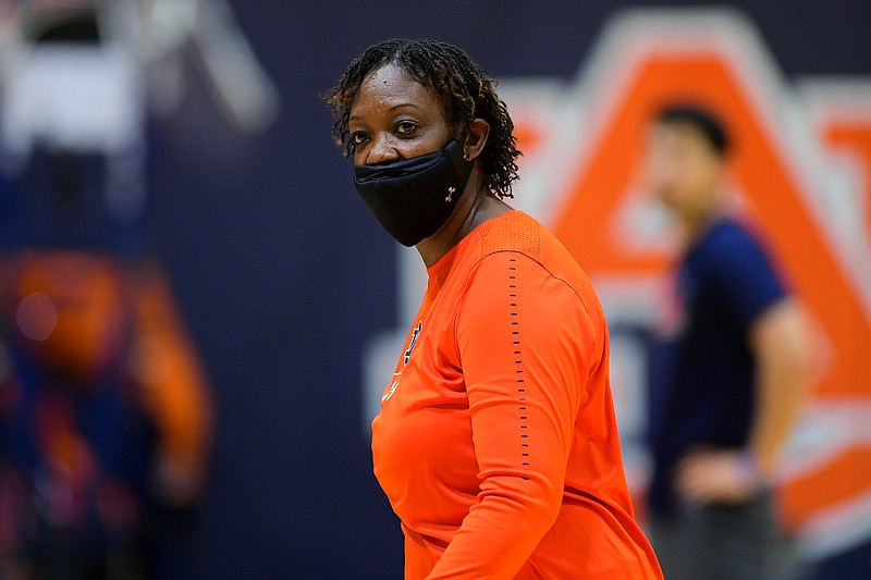 Johnnie Harris conducts an Auburn women's basketball practice shortly after her hire in April 2021. (Auburn Athletics/Shanna Lockwood)