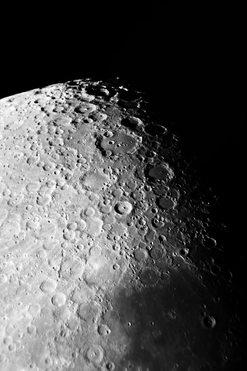 David Cater/Star-Gazing
The Moon has many craters while other parts, in the bottom right, are dark lava, mostly made of basalt and has long ago cooled into a relatively smooth plain. The very large crater in the photo is Clavius, one of the biggest craters, being some 144 miles across.