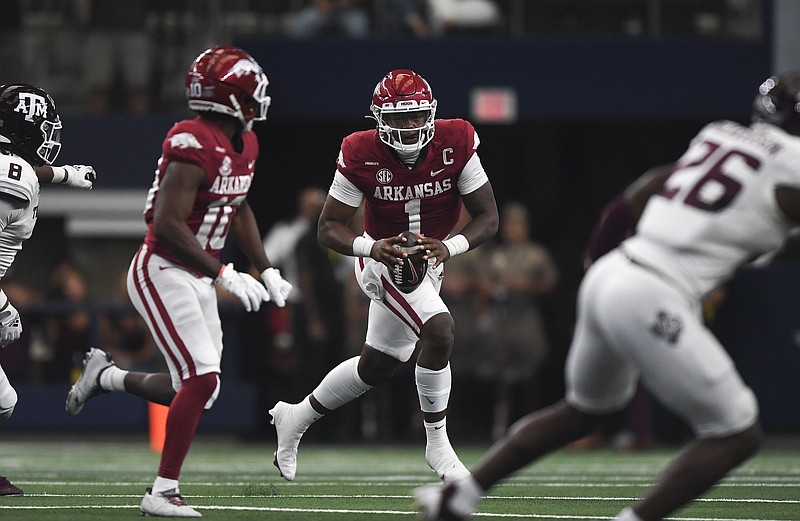Arkansas quarterback KJ Jefferson (1) looks to pass, Saturday, September 25, 2021 during the second quarter of a football game at AT&amp;T Stadium in Arlington, Texas. Check out nwaonline.com/210926Daily/ for today's photo gallery. 
(NWA Democrat-Gazette/Charlie Kaijo)