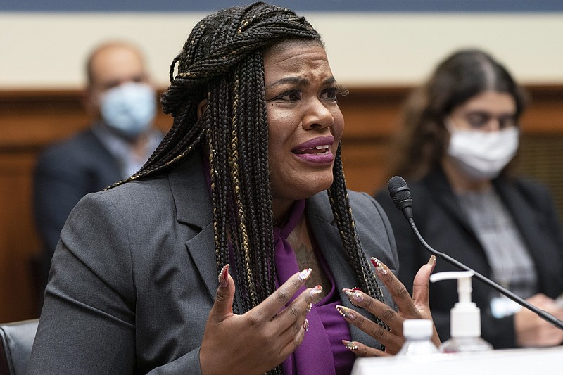 Rep. Cori Bush, D-Mo., testifies about making her decision to have an abortion after being raped, Thursday, Sept. 30, 2021, during a House Committee on Oversight and Reform hearing on Capitol Hill in Washington. (AP Photo/Jacquelyn Martin)
