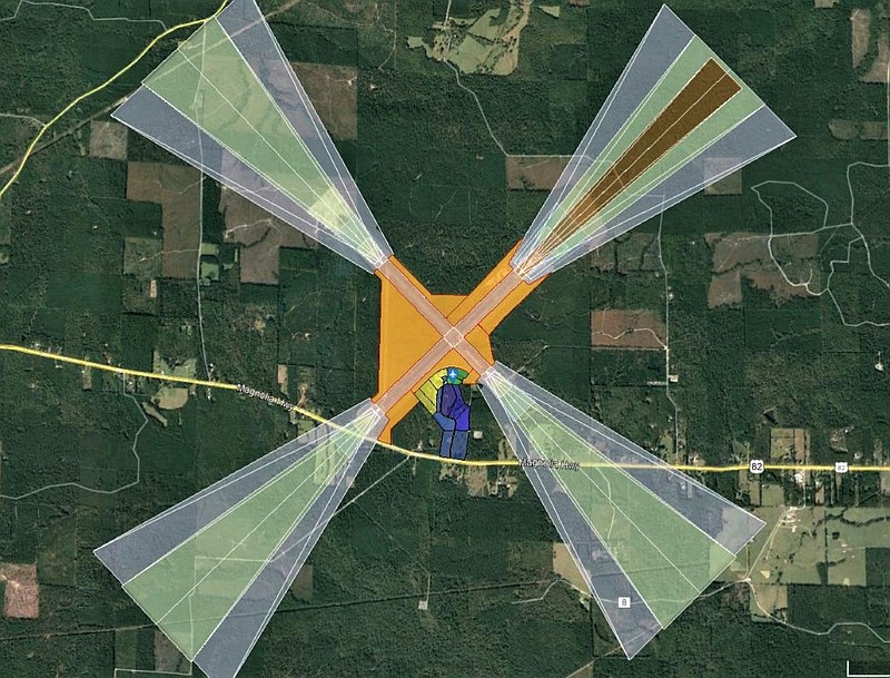 This overhead view of airspace surrounding South Arkansas Regional Airport at Goodwin Field shows areas in which drones are permitted to fly. The Federal Aviation Administration recently approved a Certificate of Waiver or Authorization for SARA manager Johnathan Estes to use drones in designated areas of the airfield. Drones are prohibited in the orange-shaded areas, which represent the runways, and the runway approaches that are shaded in white. Estes said drones may now be used for a number of functions at the airport, including tracking wildlife, building inspections and videos and photos to market and promote SARA. (Contributed)