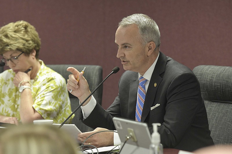 In this July 19, 2021 photo provided by the Missouri House of Representatives, state Rep. Doug Richey speaks during an education committee hearing at the state Capitol in Jefferson City, Mo. (Tim Bommel/Missouri House of Representatives via AP)