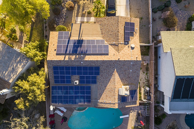 Solar panels on the roof of a house in Las Vegas in 2019. (The Washington Post/John Brecher)