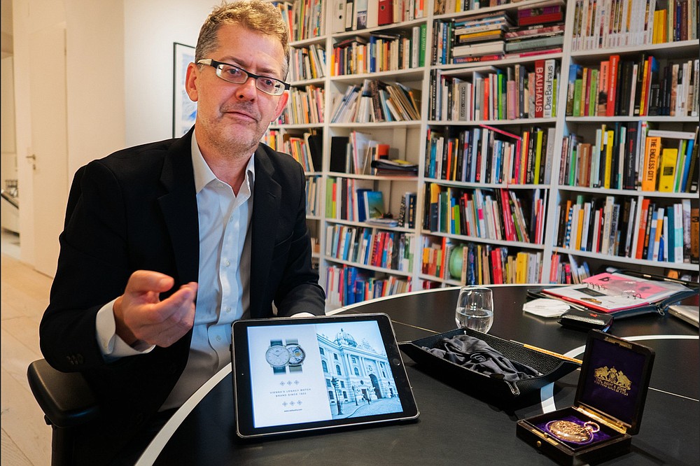 Robert Pukenhofer of Carl Suchy & Sohne shows images of the new Waltz No. 1 watch. (Alan Behr/TNS)