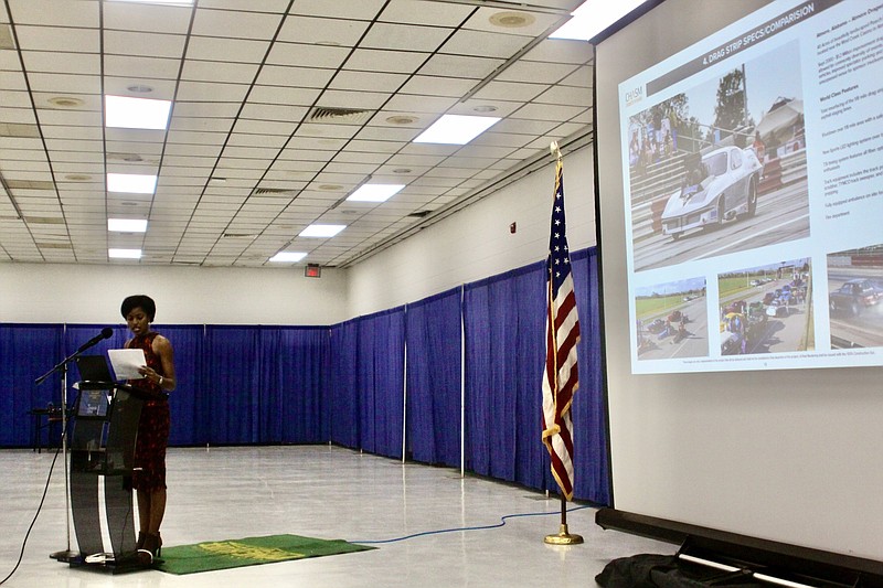 Council member and Traffic & Aviation chairwoman Joni Alexander reveals the drag strip racetrack Pine Bluff Entertainment Park to close to 100 spectators Friday evening. (Pine Bluff Commercial/Eplunus Colvin)