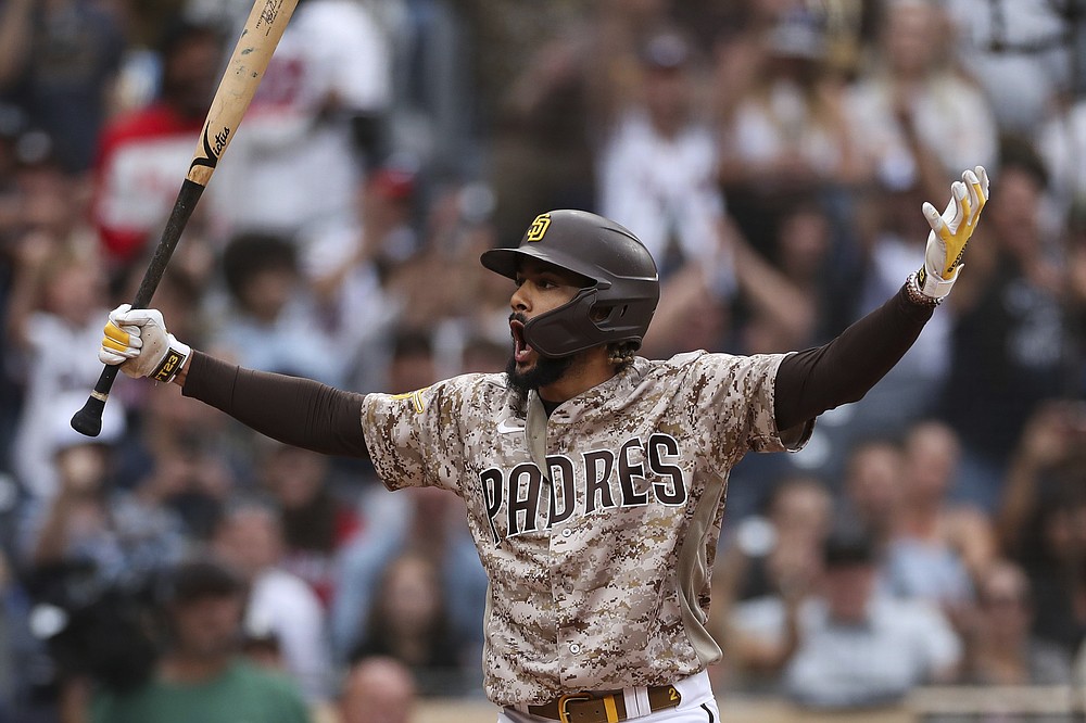 Fernando Tatis Jr. of the San Diego Padres reacts after being called up for strikes in the ninth inning of a baseball game against the Atlanta Braves on Sunday, September 26, 2021, in San Diego. (AP Photo / Derrick Tuskan)