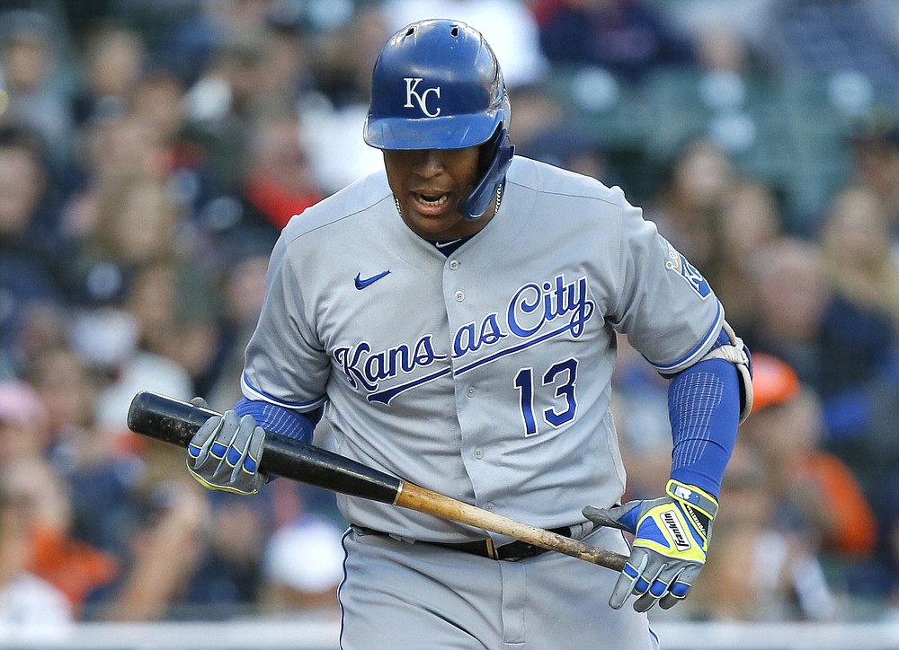 Kansas City Royals Salvador Perez (13) reacts after striking out in the first inning of a baseball game against the Detroit Tigers on Saturday, September 25, 2021, in Detroit. (AP Photo / Duane Burleson)
