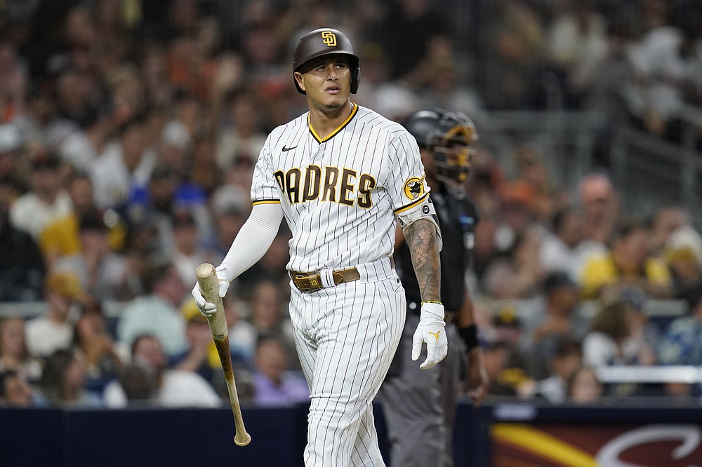 San Diego Padres' Manny Machado reacts after striking out goals in the fifth inning of a baseball game against the San Francisco Giants on Wednesday, September 22, 2021, in San Diego. (AP Photo / Gregory Bull)