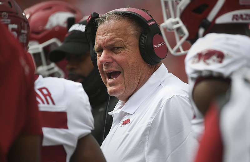 Arkansas head coach Sam Pittman reacts, Saturday, October 2, 2021 during the first quarter of a football game at Sanford Stadium in Athens, Ga. Check out nwaonline.com/211003Daily/ for today's photo gallery. 
(NWA Democrat-Gazette/Charlie Kaijo)