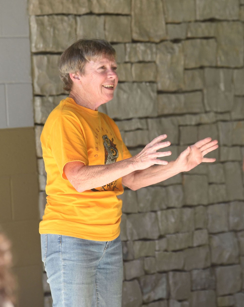 Lynn Sciumbato, a longtime federally licensed wildlife rehabilitator, talks about the treatment of the bald eagle she released in the Hobbs State Park Conservation Area. (NWA Democrat-Gazette / Flip Putthoff)