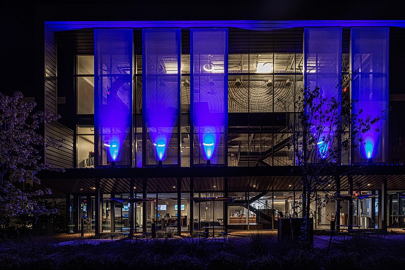 Texas AMUT’s Building for Academic and Student Services lit up for World Teachers’ Day. Photo courtesy of John Bunch/TAMUT Communications