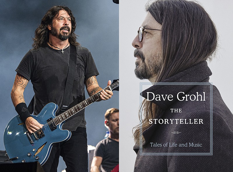 This combination photo shows Dave Grohl of the Foo Fighters performing at Bourbon and Beyond Music Festival in Louisville, Ky., on Sept. 20, 2019, left, and &quot;The Storyteller: Tales of Life and Music, a memoir by Grohl. (AP Photo/Dey Street Books via AP)