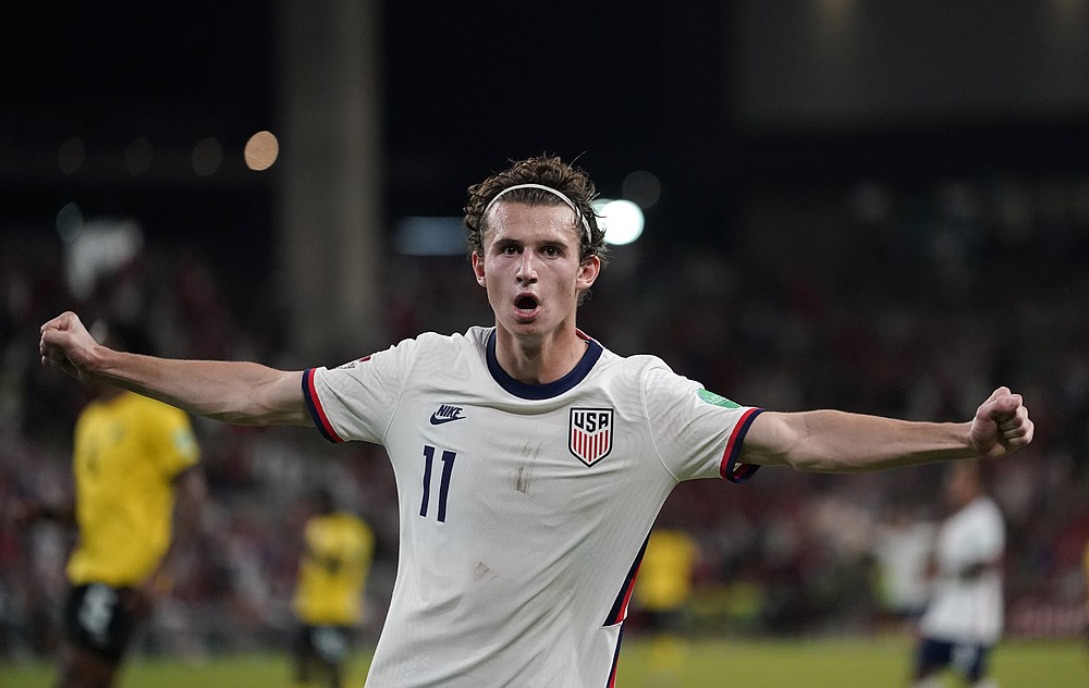 United States' Brenden Aaronson celebrates after the United States scored against Jamaica during a FIFA World Cup qualifying soccer match Thursday, Oct. 7, 2021, in Austin, Texas. (AP Photo/Eric Gay)