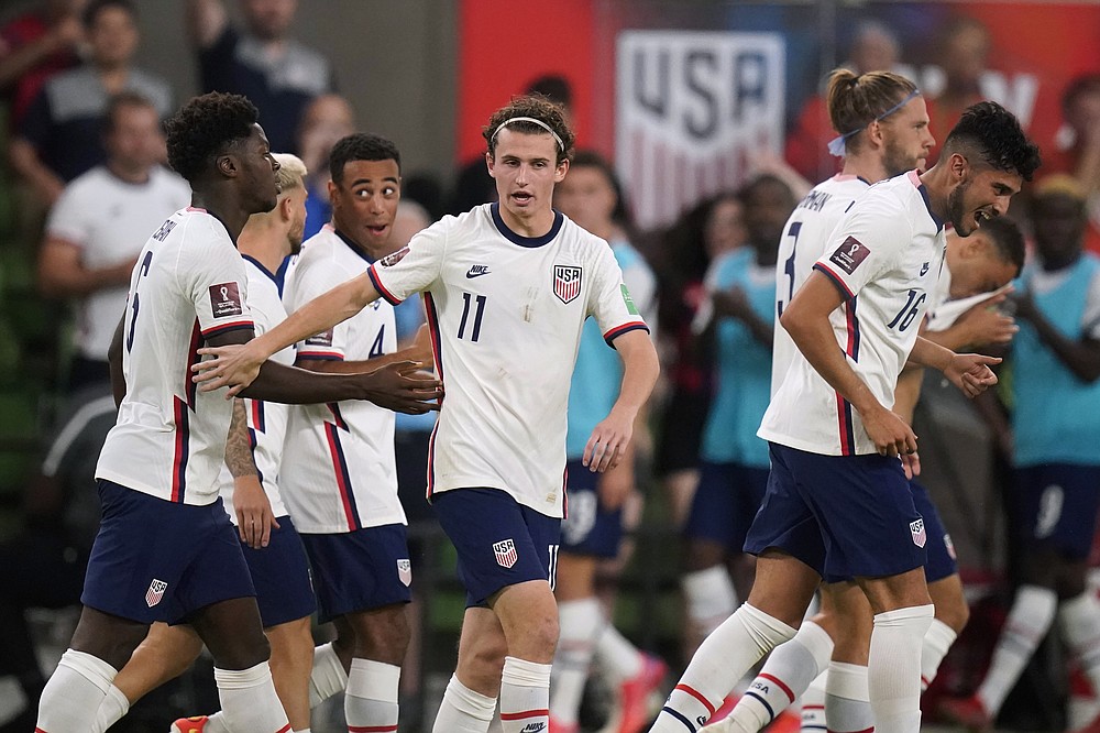 U.S. players celebrates a goal against Jamaica during a FIFA World Cup qualifying soccer match Thursday, Oct. 7, 2021, in Austin, Texas. (AP Photo/Eric Gay)