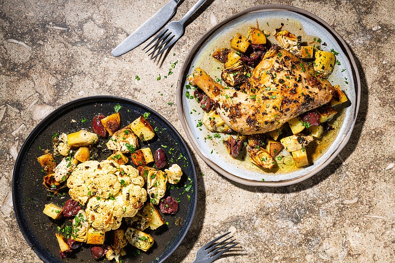 Sheet Pan Chicken or Cauliflower With Lemony Potatoes and Kalamata Olives. MUST CREDIT: Photo by Rey Lopez for The Washington Post.