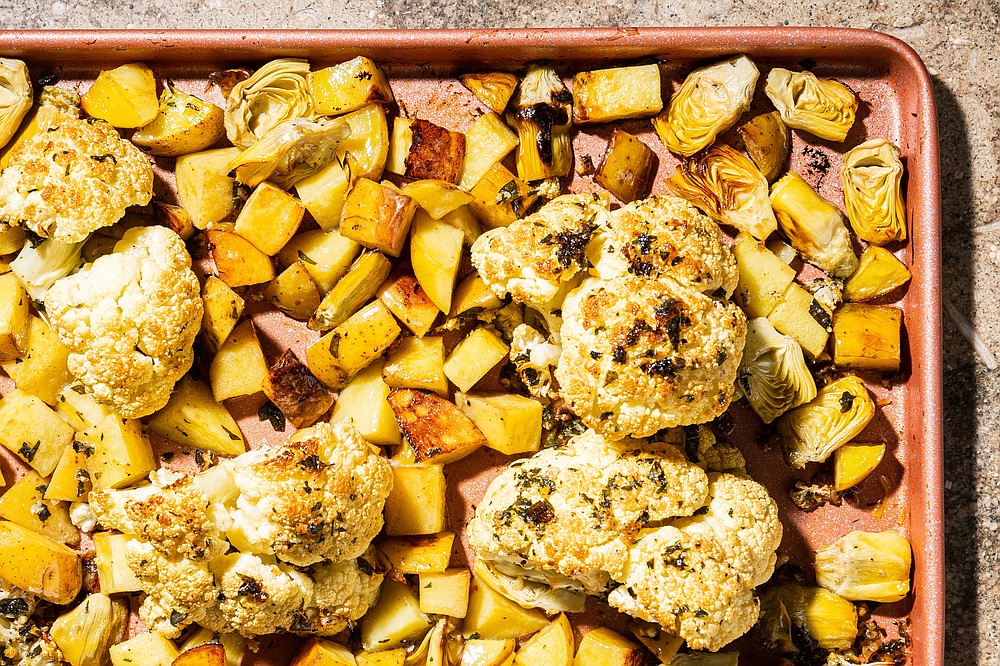 Sheet Pan Chicken or Cauliflower With Lemony Potatoes and Kalamata Olives. MUST CREDIT: Photo by Rey Lopez for The Washington Post.