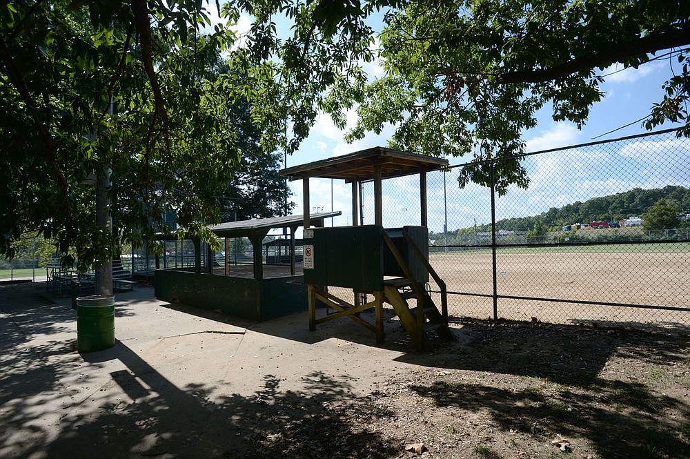 One of three ballfields is seen Thursday at Lake Fayetteville. The city's parks department wants to use American Rescue Plan money to renovate the fields at Lake Fayetteville, as well as to install sewer lines and restrooms at Underwood Park and to add activity features to Walker Park. Visit nwaonline.com/211008Daily/ for today's photo gallery.
(NWA Democrat-Gazette/Andy Shupe)