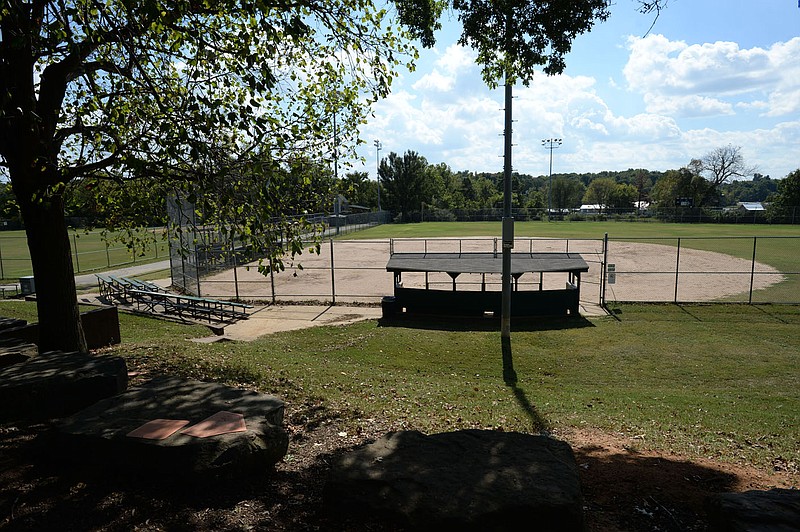 One of three ballfields is seen Thursday at Lake Fayetteville. The city's parks department wants to use American Rescue Plan money to renovate the fields at Lake Fayetteville, as well as to install sewer lines and restrooms at Underwood Park and to add activity features to Walker Park. Visit nwaonline.com/211008Daily/ for today's photo gallery.
(NWA Democrat-Gazette/Andy Shupe)