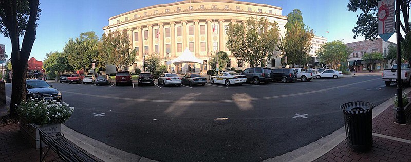 This August, 2019 photo shows parking spots at the Union County Courthouse filled up. Downtown business owners have complained that violations of a city ordinance that limits the length of time one can occupy a parking space on the Square have impacted their businesses negatively. The City Council agreed last year to reinstate the position of a downtown parking enforcement officer, and on Thursday voted to allow the EPD to purchase equipment to assist in recording violations. (File photo)