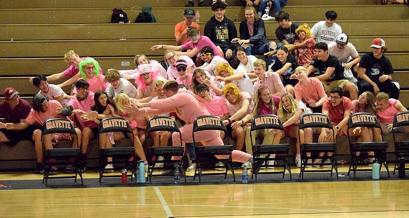 Westside Eagle Observer/MIKE ECKELS

As the pink rabbit point to his left, the pink clad students point to their right during the break between the second and third set of the Gravette-Gentry volleyball match at the Competition Gym in Gravette Thursday night. This went on for nearly three minutes as the student section moved either right, left, up or down according to the bunny's directions.