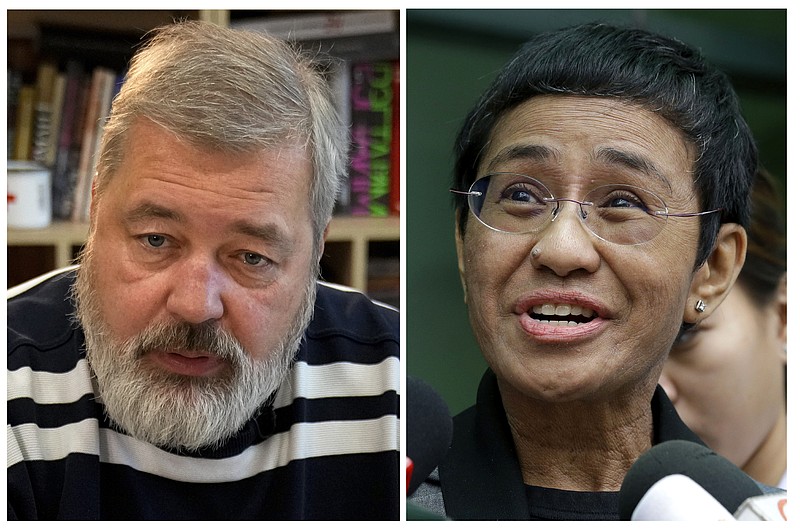 A combo of file images of Novaya Gazeta editor Dmitry Muratov, left, and of Rappler CEO and Executive Editor Maria Ressa. On Friday, Oct. 8, 2021 the Nobel Peace Prize was awarded to journalists Maria Ressa of the Philippines and Dmitry Muratov of Russia for their fight for freedom of expression. (AP Photo/Alexander Zemlianichenko and Aaron Favila, File)