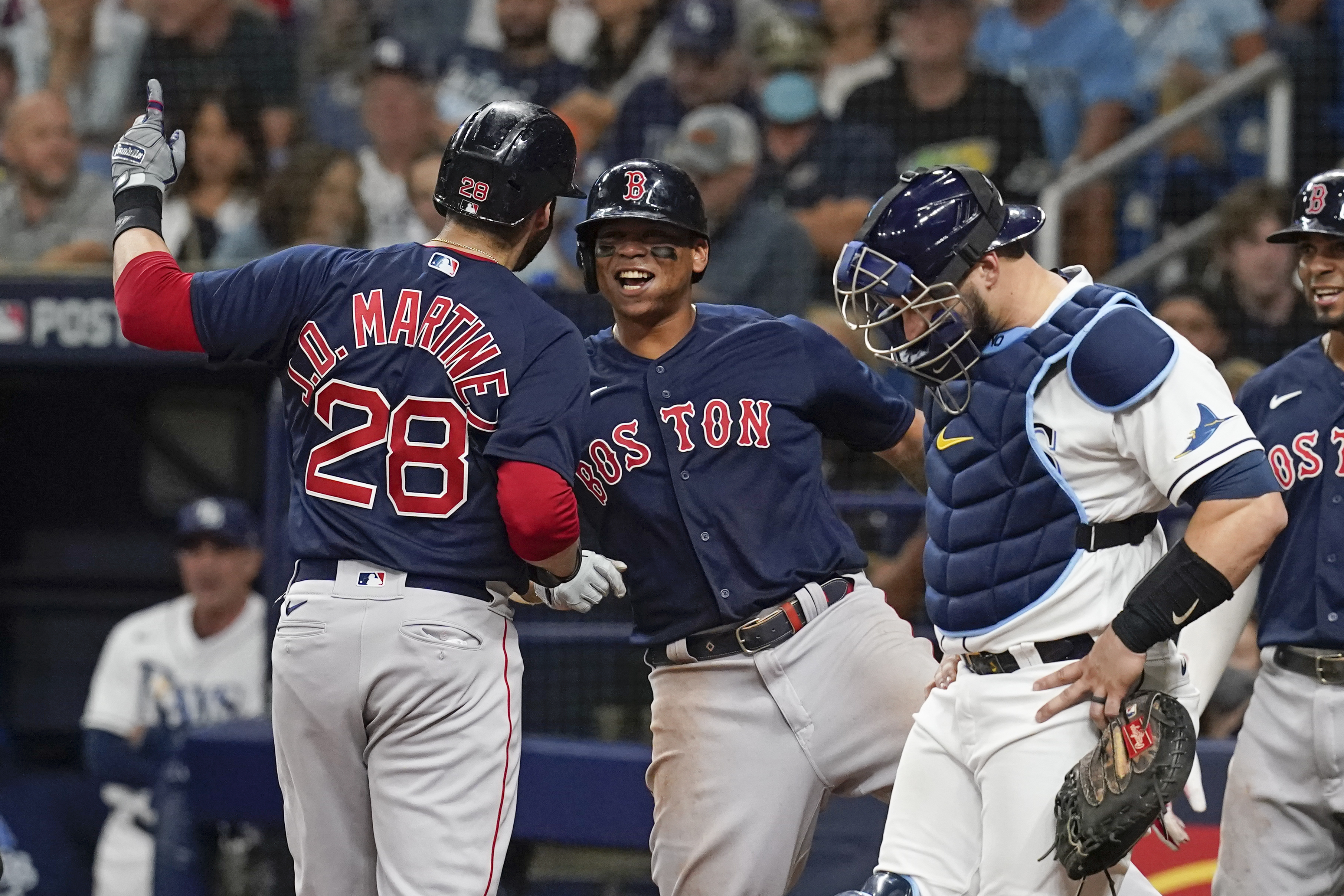 Boston Red Sox third baseman Rafael Devers celebrates his solo HR