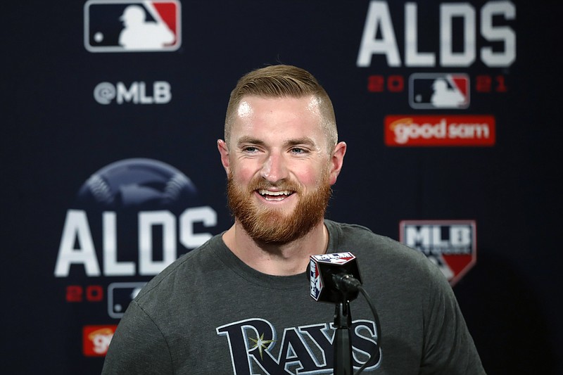 Tampa Bay Rays' Drew Rasmussen speaks during a news conference at Fenway Park, Saturday, Oct. 9, 2021, in Boston. The Rays play the Boston Red Sox in Game 3 a baseball AL Division Series on Sunday in Boston. (AP Photo/Michael Dwyer)