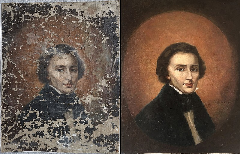 This combination of undated photos provided by Dariusz Markowski, left, and Jaroslaw Golebiowski, right, show a portrait of Polish composer Frederic Chopin before and after restoration. A peeling portrait of Polish piano composer Frederic Chopin purchased at a flea market hung modestly in a private house in Poland for almost three decades before an expert dated the painting to the 19th century. The small painting now resides in a bank vault somewhere in eastern Poland while its owners negotiate their next steps. News of the artwork&#x2019;s existence broke this week as Warsaw hosted the 18th Frederic Chopin Piano Competition. The art expert who examined the portrait says it has significant historic value, but he refrained from estimating what it might sell for. (Dariusz Markowski/ Jaroslaw Golebiowski via AP)