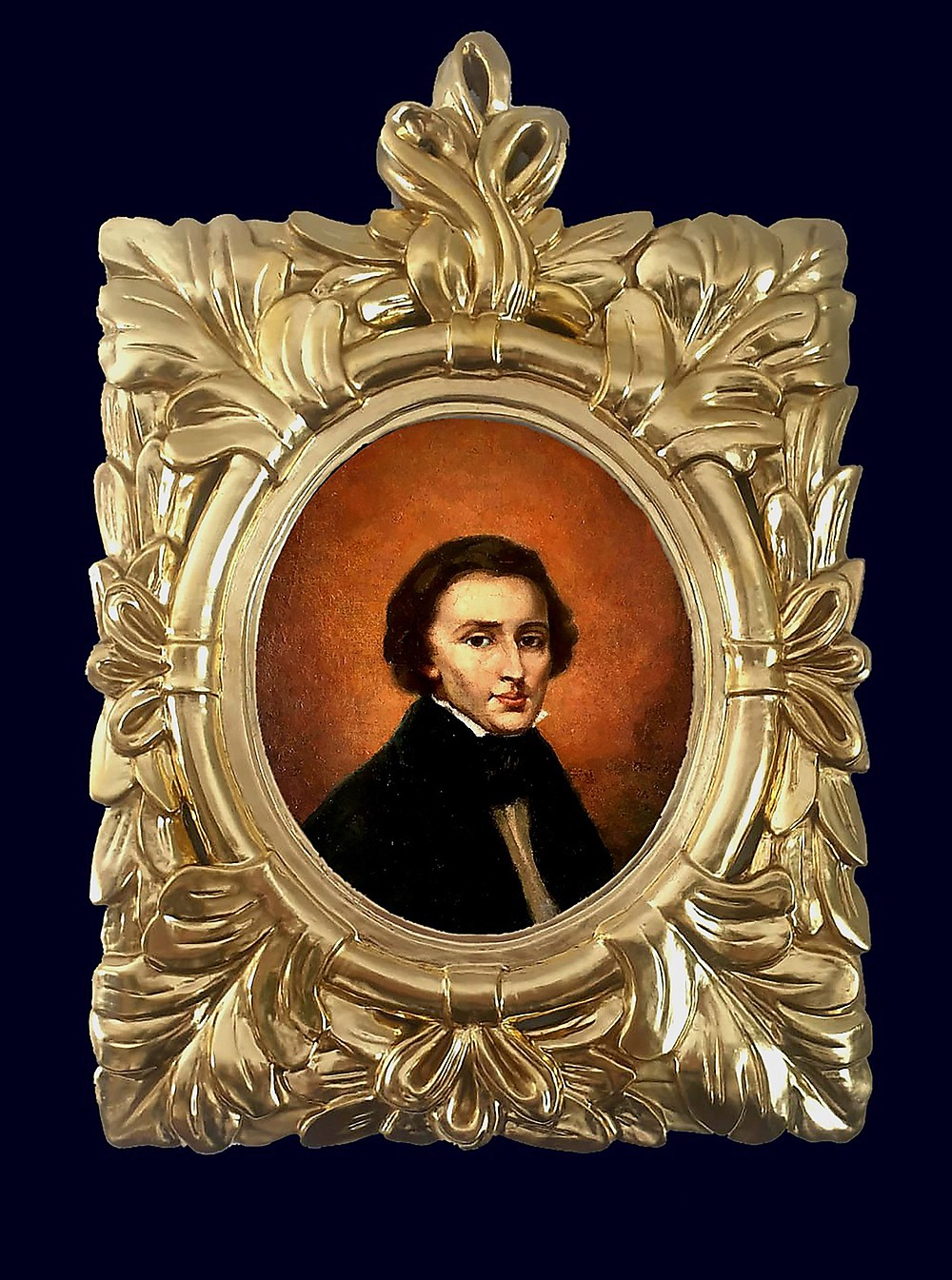 In this undated photo provided by Jaroslaw Golebiowski, a view of a renovated portrait of Polish composer Frederic Chopin. A peeling portrait of Polish piano composer Frederic Chopin purchased at a flea market hung modestly in a private house in Poland for almost three decades before an expert dated the painting to the 19th century. The small painting now resides in a bank vault somewhere in eastern Poland while its owners negotiate their next steps. News of the artwork&#x2019;s existence broke this week as Warsaw hosted the 18th Frederic Chopin Piano Competition. The art expert who examined the portrait says it has significant historic value, but he refrained from estimating what it might sell for.  (Jaroslaw Golebiowski via AP)