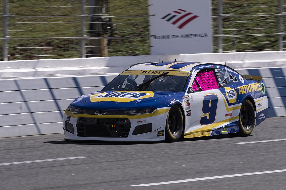 Chase Elliott (9) drives during a NASCAR Cup Series auto racing race at Charlotte Motor Speedway, Sunday, Oct. 10, 2021, in Concord, N.C. (AP Photo/Matt Kelley)