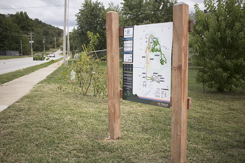 A sign is shown, Saturday, September 12, 2020 at the Fitzgerald Mountain trailhead in Springdale. (NWA Democrat-Gazette/Charlie Kaijo)