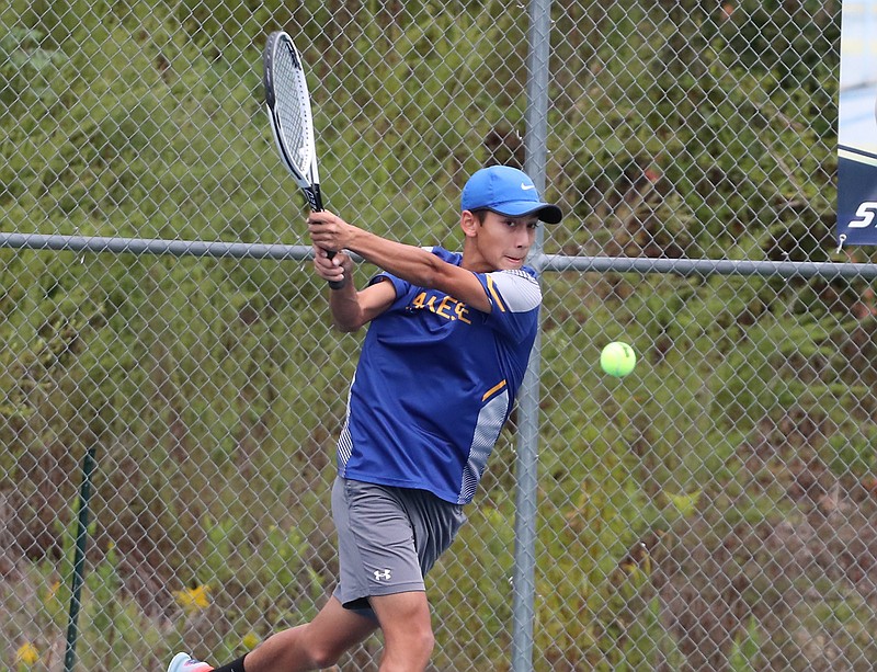 Lakeside's Ben Hollis competes in the Class 5A-South tennis tournament Wednesday. Hollis is the overall No. 2 boys singles player entering today's first round of the Class 5A state tennis tournament. - Photo by Richard Rasmussen of The Sentinel-Record