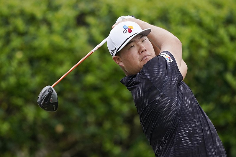 Sungjae Im of South Korea watches his drive off the first tee during the first round of the Sanderson Farms Championship golf tournament in Jackson, Miss., Thursday, Sept. 30, 2021. (AP Photo/Rogelio V. Solis)