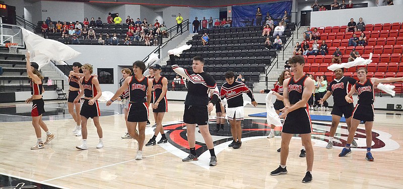 TIMES photograph by Annette Beard
Pea Ridge boys donned cheerleader outfits to cheer and entertain their peers during half-time of the Powder Puff flag football game the morning of Friday, Oct. 8, 2021, as part of the Homecoming festivities.