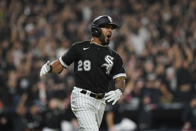 Chicago White Sox's Leury Garcia rounds the bases after hitting a three-run home run against the Houston Astros in the third inning during Game 3 of a baseball American League Division Series Sunday, Oct. 10, 2021, in Chicago. (AP Photo/Nam Y. Huh)