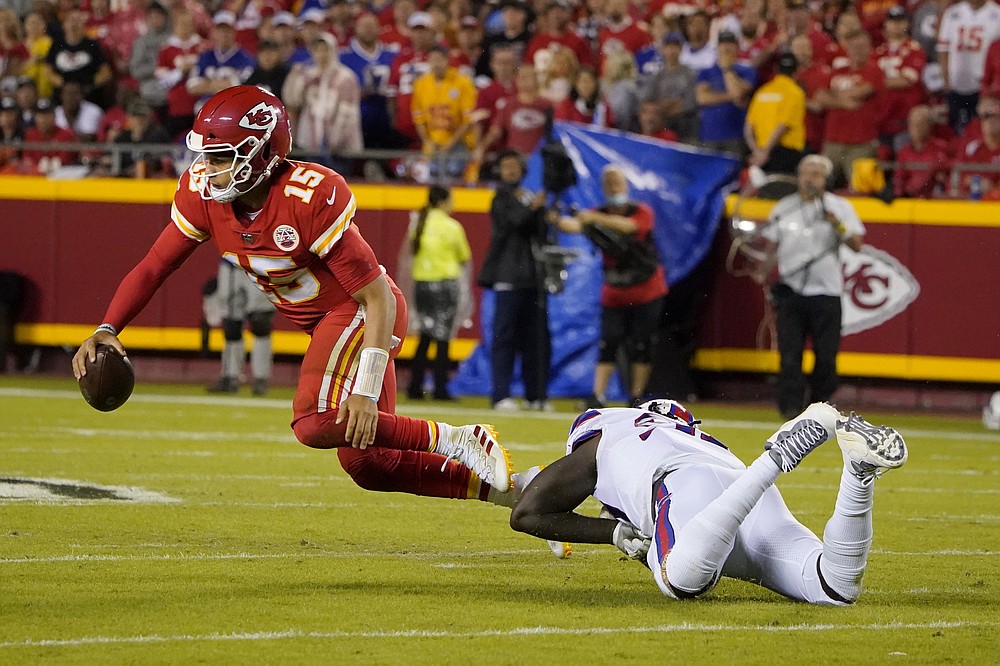 Kansas City Chiefs wide receiver Tyreek Hill (10) gets set on the line of  scrimmage during an NFL football game against the Buffalo Bills Sunday,  Oct. 10, 2021, in Kansas City, Mo. (