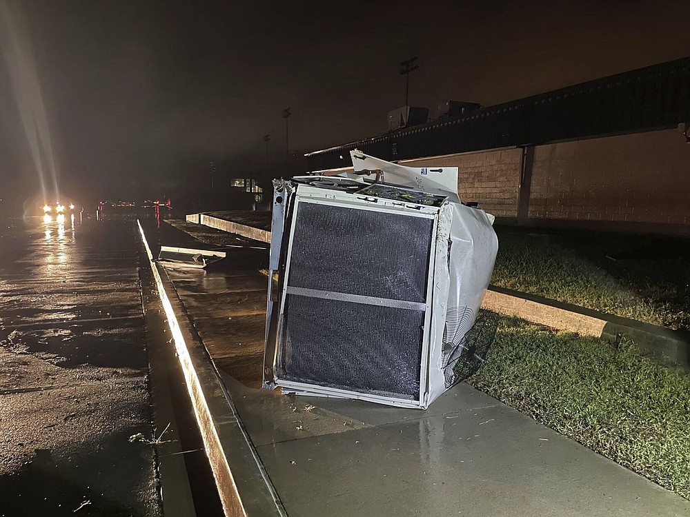 Many spots in Coweta, Okla. took a direct hit from a storm, Sunday, Oct. 10, 2021, including the HS baseball field. Several reported tornadoes have ripped through Oklahoma, causing damage late Sunday into early Monday morning. (Justin Ayer/Tulsa World via AP)