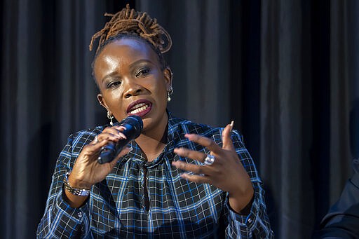 Nanjira Sambuli, Policy Analyst and Advocacy Strategist, Kenya, speaks about the first Geneva Science and Diplomacy Anticipation Summit 2021 (GESDA), during a press conference at the Campus Biotech in Geneva, Switzerland, Thursday, October 07, 2021. (Martial Trezzini/Keystone via AP)
