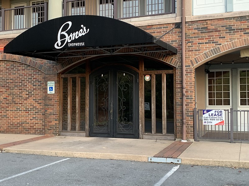 The temporary closure of the former Bone’s Chophouse at 27 Rahling Circle, Little Rock, appears to be permanent, as evidenced by the for-lease sign on the front fencing. (Arkansas Democrat-Gazette/Eric E. Harrison)