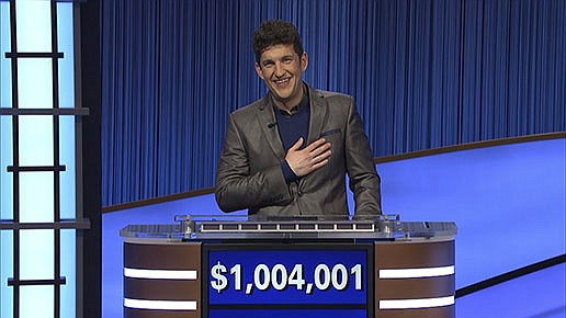 This photo provided by Jeopardy Productions Inc. shows ?Jeopardy!? contestant Matt Amodio?s after his total win amount was announced, Friday, Sept. 24, 2021.  Amodio, a fifth-year computer science Ph.D student at Yale University, won $48,800 for his 28th victory, bringing his total winnings to $1,004,001. (Jeopardy Productions Inc. via AP)