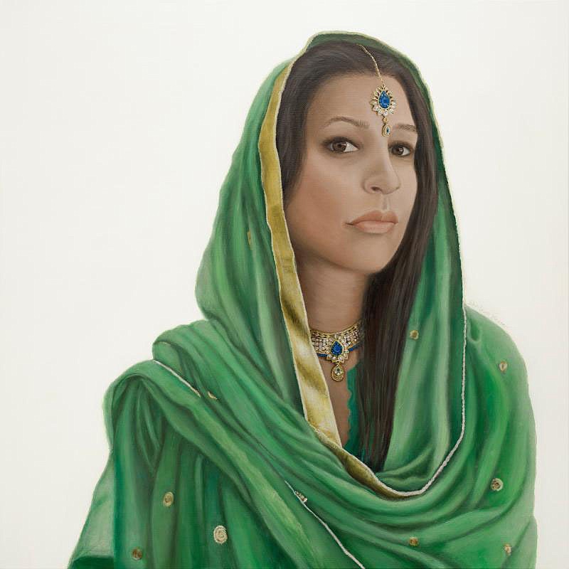 “Dupatta #1” by Shabana Kauser
“The ‘Dupatta,’ which is a traditional South Asian scarf, is prominent throughout my work. My painting in the ‘Our Art, Our Region, Our Time’ exhibit is a self portrait, where I am wearing a green dupatta,” artist Shabana Kauser explains. “The main colors are inspired by the Pakistan flag, which is green and white. The pose and energy of my work was inspired by a well known Pakistani female leader, Benazir Bhutto, the first female president who ran the country for two terms. Yes, she wore a dupatta while achieving this!”
(Courtesy Image/Shabana Kauser)