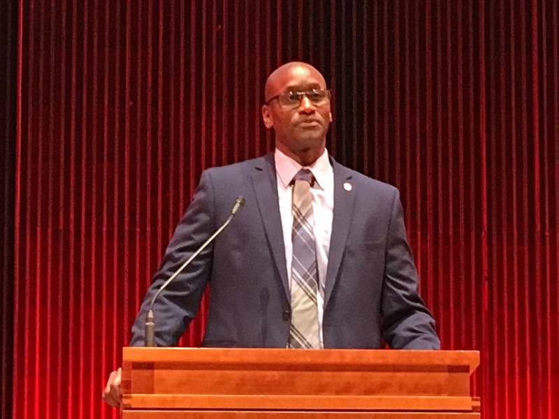 Charles Robinson, interim chancellor for the University of Arkansas, Fayetteville, gives his state-of-the-university address Tuesday at Faulkner Performing Arts Center on the UA campus. (Democrat-Gazette/Jaime Adame)